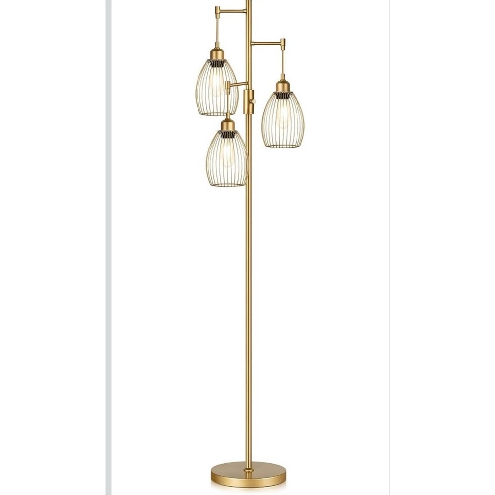 Dimmable 68" Gold  Industrial Floor Lamp with 3 Cage Shades & Bulbs